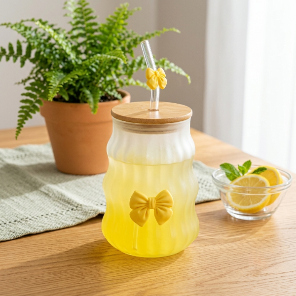 4PCs Frosted Glass Mug with Wooden Lid