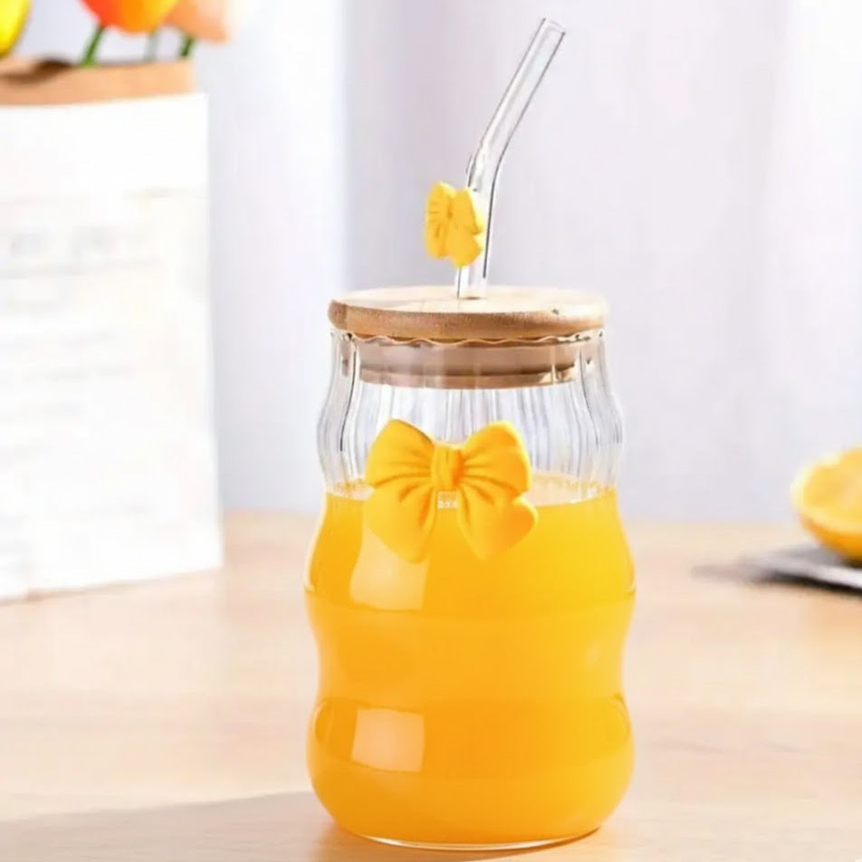Bow Sipper Glass With Straw & Lid (Random Design & Color)