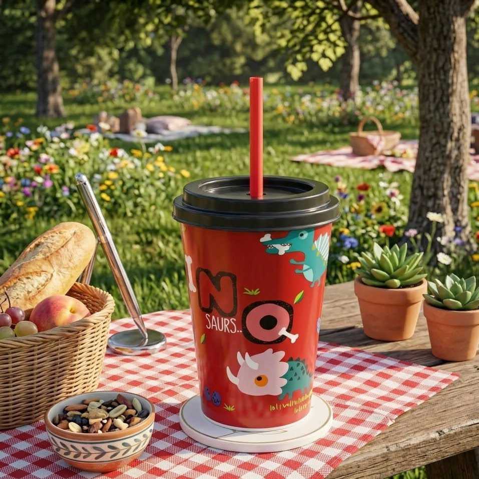 Cartoon Printed Reusable Cup With Lid & Straw For Kids