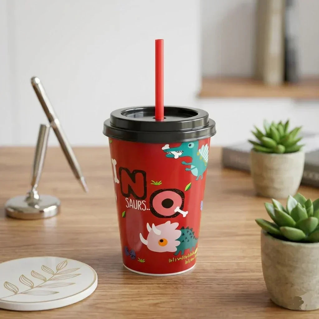 Cartoon Printed Reusable Cup With Lid & Straw For Kids