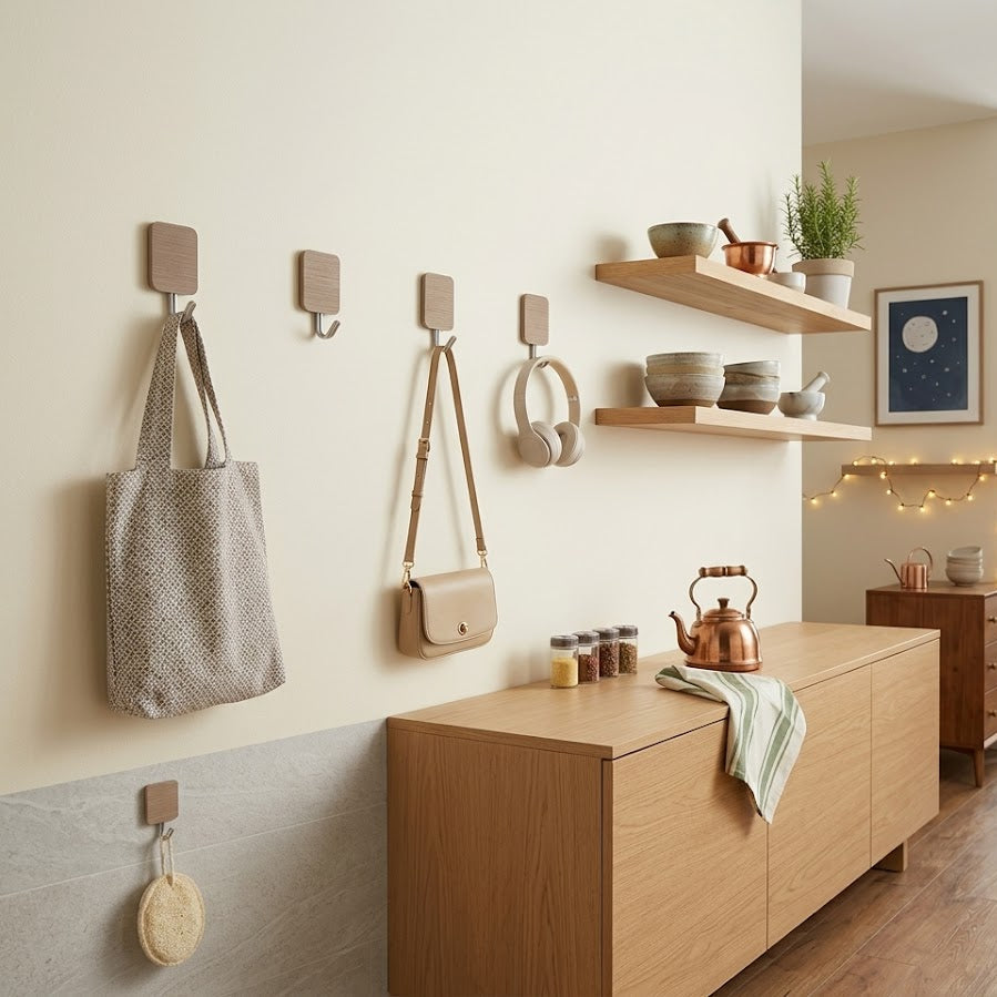 5 Pcs Wooden Style Wall Mounted Adhesive Hooks