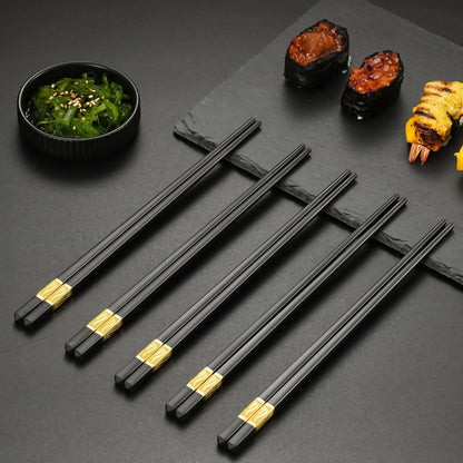 5 Pairs Black & Gold Reusable Non-Slip Chopsticks