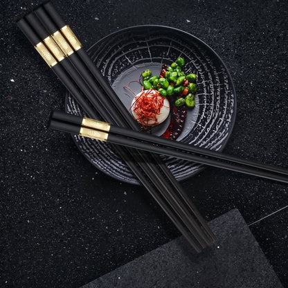 5 Pairs Black & Gold Reusable Non-Slip Chopsticks
