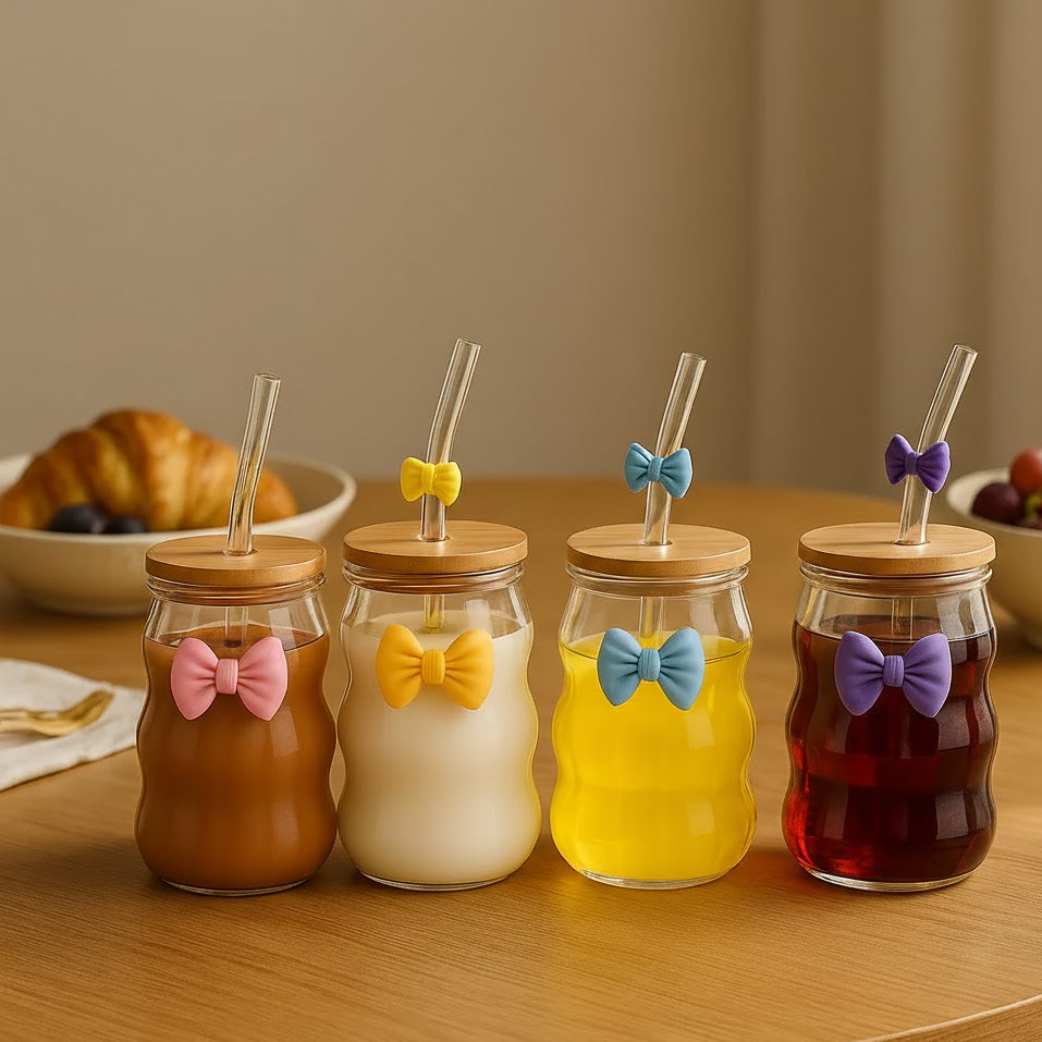 Bow Sipper Glass With Straw & Lid (Random Design & Color)