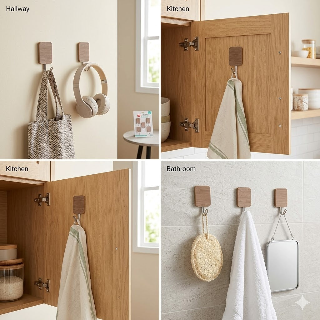 5 Pcs Wooden Style Wall Mounted Adhesive Hooks