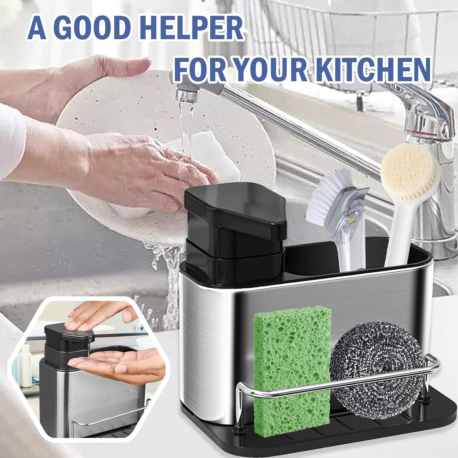 Multifunction 3 In 1 Kitchen Sink Storage Organizer With Soap Pump