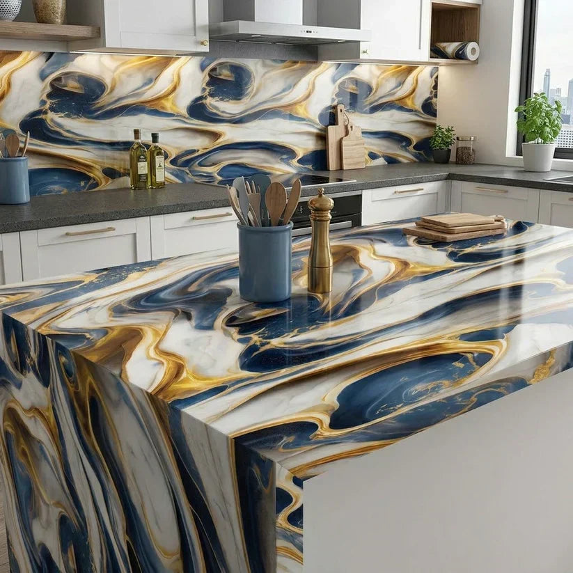 Self Adhesive Blue & Golden Marble Decorative Sheet (60x 200cm)