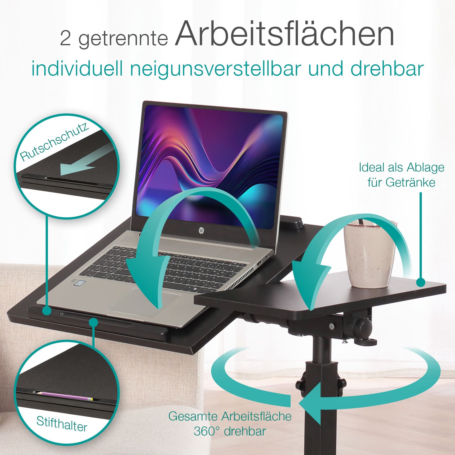 Mobile Laptop Desk Cart With Adjustable Height & Wheels
