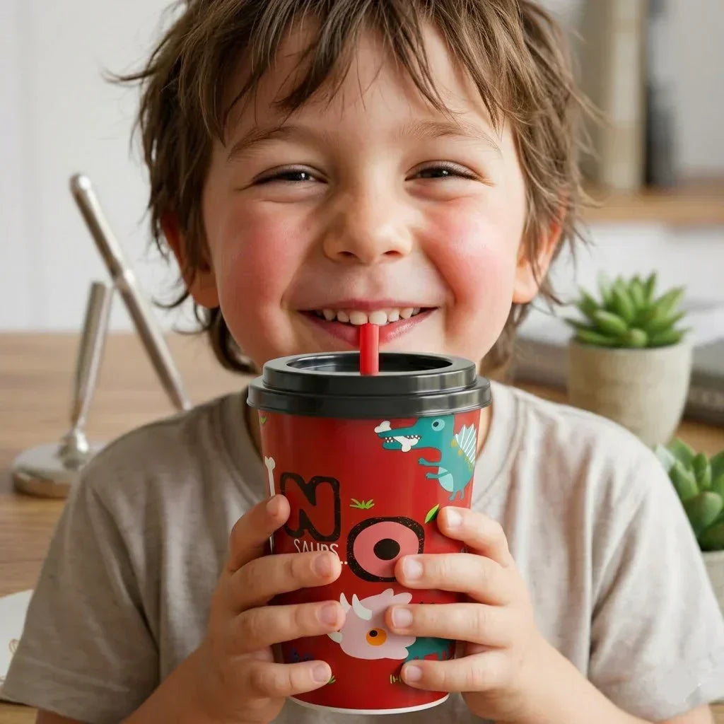 Cartoon Printed Reusable Cup With Lid & Straw For Kids