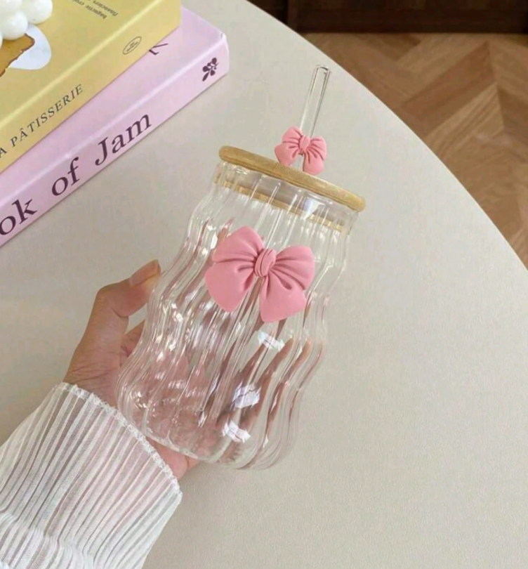 Bow Sipper Glass With Straw & Lid (Random Design & Color)