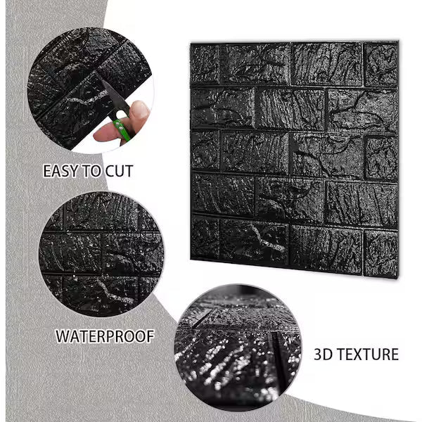 3D Black Foam Brick Wall Sticker – Self-Adhesive Wall Sheet (2x2.5 ft)