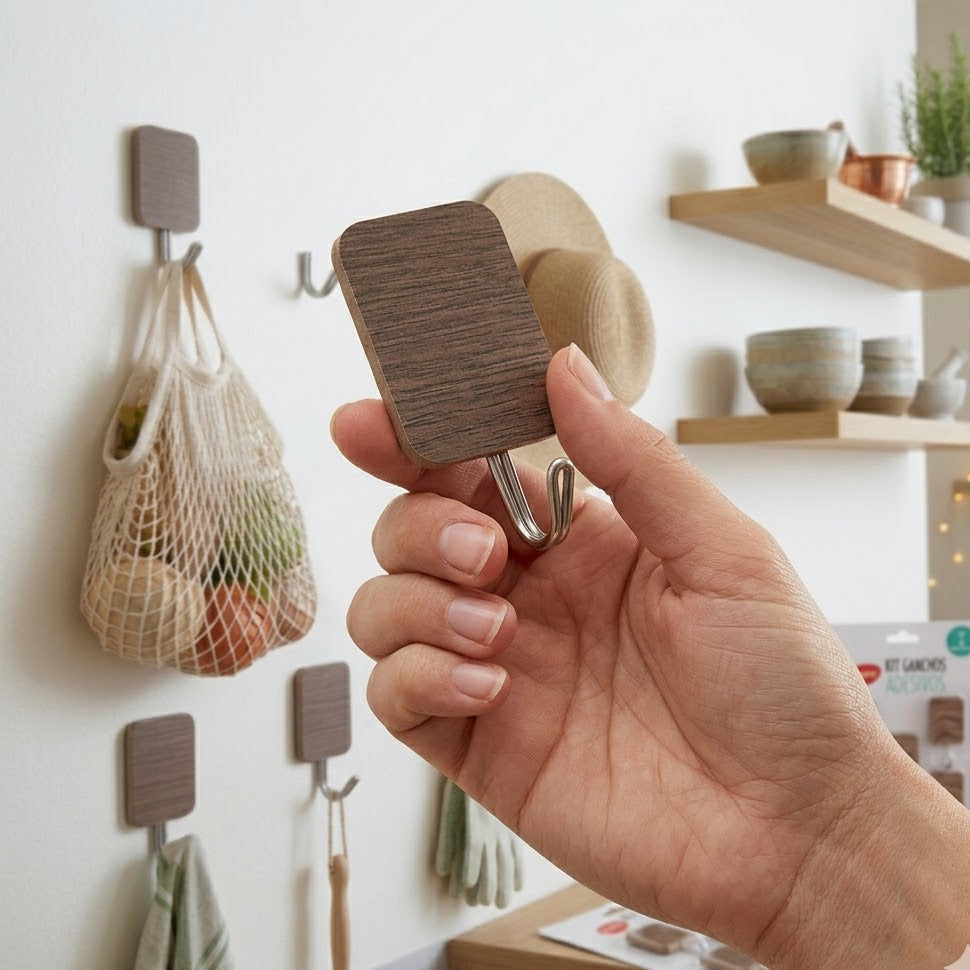5 Pcs Wooden Style Wall Mounted Adhesive Hooks