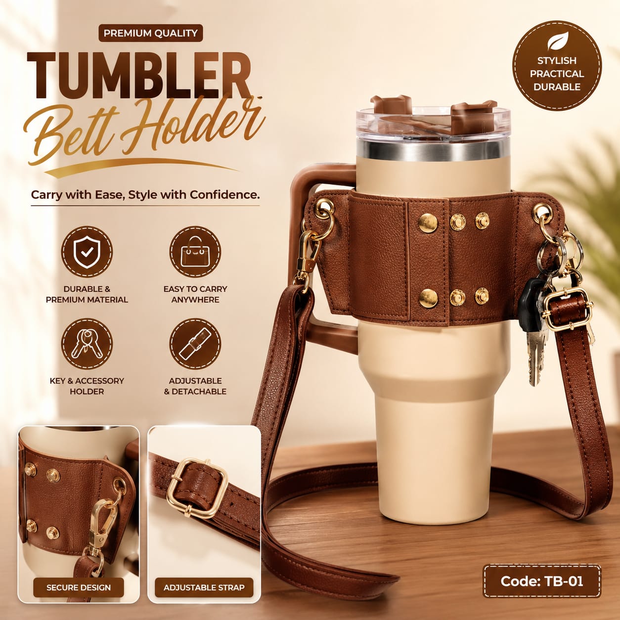 Premium Tumbler Carry Holder Belt With Adjustable Shoulder Strap