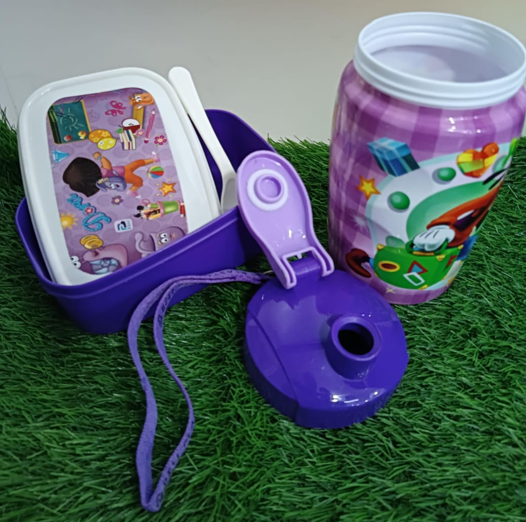 2pc Kids Cartoon Printed School Lunch Box  & Water Bottle Set