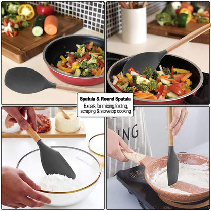 12 Pcs Silicone Kitchen Set Wooden Handle